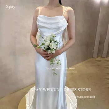 XPAY Скъпа Корея русалка сватбена рокля коприна сатен дълъг ръкав булчински рокля снимки стреля отворен обратно плисета булката рокля
