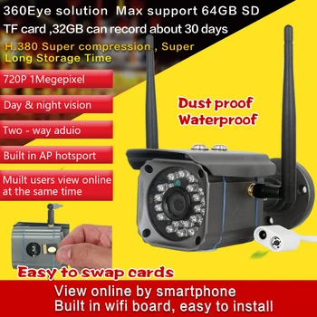Външна водоустойчива 720P безжична IP Bullet камера Поддръжка AP Hotspot и TF карта за съхранение и алармен сензор