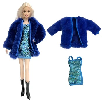 NK 2 артикула / комплект синьо кожено палто + модна рокля за кукла Барби рокля пола ежедневни дрехи за 1/6 BJD кукла играчки аксесоари