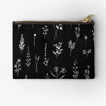 Черни диви цветя модел цип торбички чист козметична чанта съхранение опаковка бельо чорапи джоб бикини монета портфейл малък