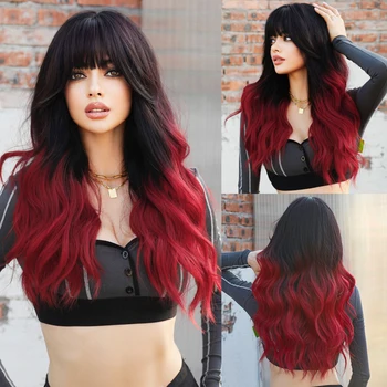 NAMM Дълга вълнообразна омбре черна до червена перука за жени Daily Cosplay Party Синтетична перука за коса от лавандула с пухкав бретон топлоустойчива