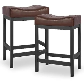 бар столове комплект от 2, брояч височина столове 24 инчов седло столове, PU кожа модерен