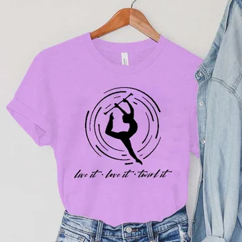 Модни тениски за гимнастика Дамски летни къси ръкави Върховете Live It Love It Twirl It T Ризи Реколта случайни дамски дрехи