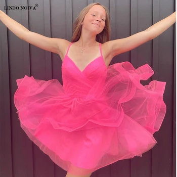 Елегантна къса рокля от розов тюл за бала Спагети презрамки V-образно деколте мини официална вечерна рокля 2023 Вестидос де Феста