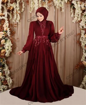 Елегантни апликации мъниста мюсюлмански вечерни рокли дълъг ръкав ислямски официални партийни рокли високо деколте жени арабски халати de soirée