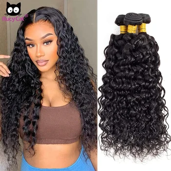 Rucycat 10A водна вълна къдрава коса снопове 32 инчов бразилски коса тъкат пакети коса разширения за черни жени естествен цвят