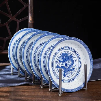 китайски 8inch синьо и бяло порцеланови чинии за вечеря керамични реколта дракон плоча кухня кръг прибори за хранене домакински храна тава