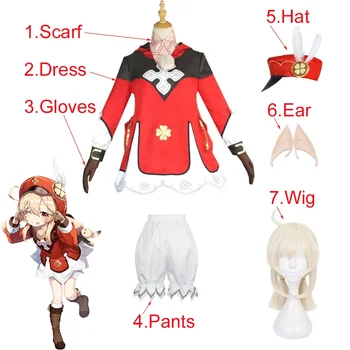Игра Genshin въздействие Клее косплей костюм сладък Лоли червена рокля жена Хелоуин карнавал парти подпори включват ръкавици уши