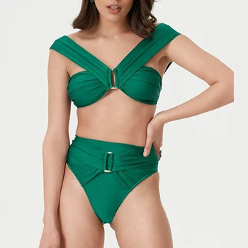 Green Shoulder Bikini Split High Waist Sexy Halter Swimsuit Hollow 2023 Дамски бански костюми дантела нагоре плажна рокля покритие