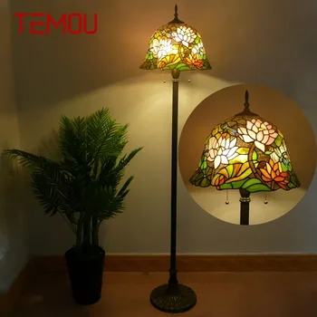 TEMOU Подова лампа Tiffany Американска ретро всекидневна Лампа за спалня Държавна витражна подова лампа