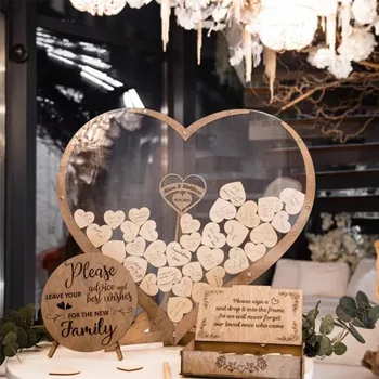 Уникална сладка сърцевидна сватбена книга за гости Дървена 3D гравирана книга за гости Персонализирано име Drop Box романтична сватбена декорация