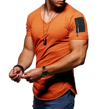 B1835 Къс ръкав цип рамо улично облекло хип-хоп лято т риза мъже парагади извити подгъва тениска тънък смешно тениска плюс размер