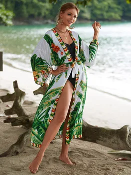 Boho Leaf Printed Kimono Cape Woman Loose with Belt Tunic Pareo Long Cardigan Dress 2023 Summer Beach Wear Female Sarong