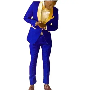 Royal Blue Groomsmen младоженец смокинги шал злато ревера мъже костюми 2 броя сватба младоженец (яке + панталони + вратовръзка)