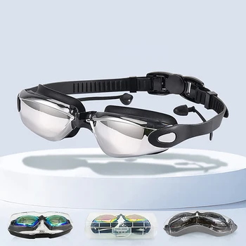 Външни водоустойчиви очила за плуване против мъгла Мъже Жени Голяма рамка със силиконови тапи за уши Очила за плуване Очила за водни спортове