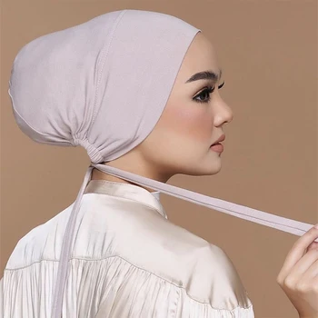 Дамски модален мюсюлмански хиджаб плътен цвят мек памук вътрешен хиджаб тюрбан шапка дантела нагоре лента за глава капачка ислямски забрадка