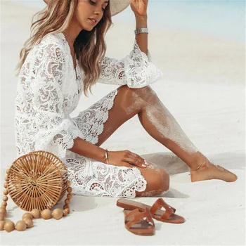 Дамски плаж мини рокля дантела бяло плетене на една кука кухи бикини покритие бански костюм бански флорални Sarong обвивка плажно облекло 2023 Ново