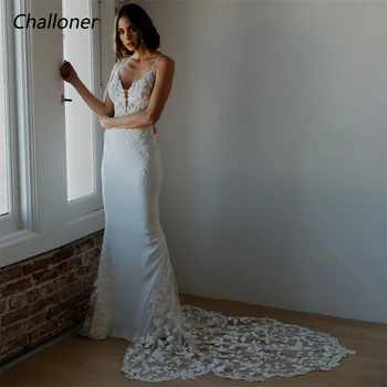 Challoner Модерна V-образно деколте русалка сватбена рокля спагети ремъци апликации без гръб булчинска рокля етаж дължина вестидос де новия