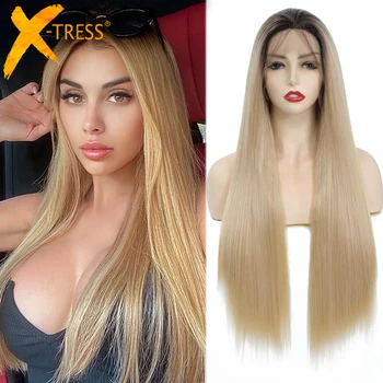 13X3 дантела фронтални синтетични перуки за жени Ombre блондинка цвят свободна част дълга права мека естествена перука за коса 150% плътност X-TRESS