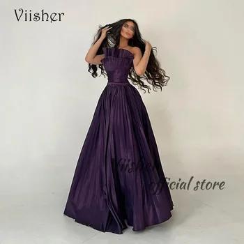 Viisher Plum Pleats Taffeta A Line Вечерни рокли Без презрамки Арабски Дубай Официален абитуриентски бал рокля етаж дължина вечерни рокли