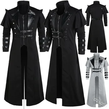 NewFashion дълго средновековен тренч вълнено палто мъже черно сиво стойка яка готически палто мъже палто реколта връхни дрехи косплей костюм