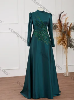 Модни сатенени апликации високо деколте дълъг ръкав мюсюлмански вечерни рокли официално парти хиджаб жени арабски кафтан роба
