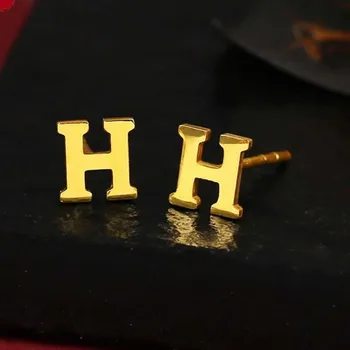Solid 24K жълто злато обеци жени писмо H Stud обеци