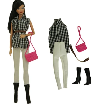 NK 5 артикула / комплект решетка риза + панталони + колан + чанта + обувки модно облекло за 1/6 кукла дрехи за кукла Барби аксесоари