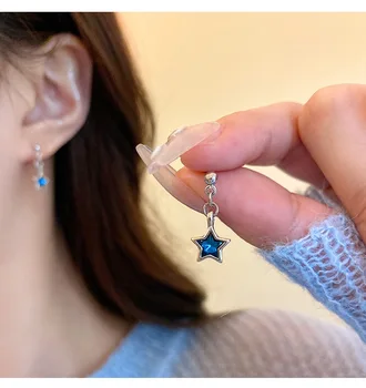 Blue Rhinestone Pentagram Mini Drop обеци за жени Cool Y2k естетически чар тенденция виси обеци корейски модни бижута