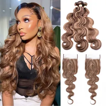 Ombre Body Wave Bundles With Closure P4/27 Bundles With Closur Beaudiva Highlight Straight Hair Weave Bundle with Closure T Part