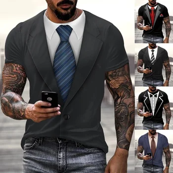 Смешен фалшив костюм 3D печат T риза Cool Fashion Мъжки черни тениски Улично облекло Мъже Ежедневни извънгабаритни къси ръкави Tops 6XL