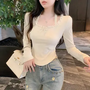 Корейска мода основна дантелена блуза жена чист цвят случайни тънък пуловер Outweer офис дама дълъг ръкав върховете 2023 есенен дизайн