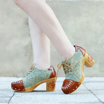 Birkuir мода метален дизайн дебел ток дамски обувки смесени цветове шиене жена помпи луксозни елегантни дантела нагоре обувки размер 41 42