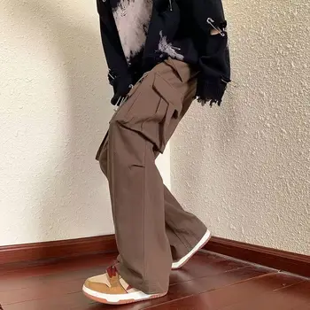 Американски ретро стари училищни мъжки панталони Y2K шик улично облекло товарни инс модерен хлабав широк крак прав мъжки кафе дълги панталони