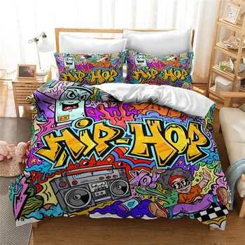 Hip-hop Graffiti Duvet Cover Set Twin Full Queen King Size Спален комплект Меки удобни спално бельо Домашен текстил за възрастни Деца