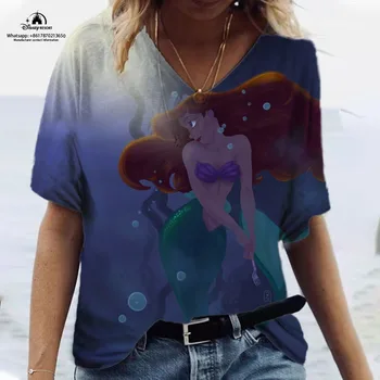 2023 Лятна гореща продажба Нова Ариел русалка аниме печат Дамска тениска случайни V-образно деколте мода тенденция високо качество къси ръкави