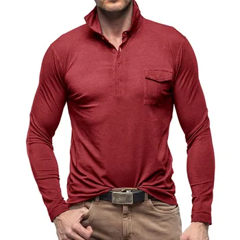 Мъжки поло ризи Луксозен дълъг ръкав пролет и есен плътен цвят бизнес случайни мъжки поло ризи ropa hombre