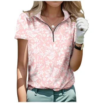 Флорални щампи къс ръкав голф риза дишаща бързо суха половина цип върховете мода улично облекло жени спортно облекло