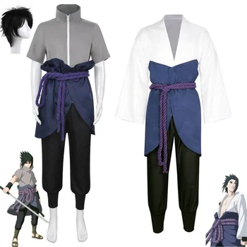 Дете възрастен аниме нинджа Учиха Саске косплей костюм перука мъже униформа кимоно спортно палто панталони костюм Хелоуин унисекс облекло