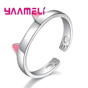 Търговия на едро 925 стерлинги сребърни пръстени сладък котка животни мода отваряне парти пръстен бижута за жени регулируем аксесоар