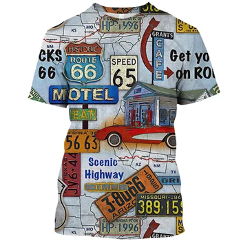 Лятна мода Мъже Ретро Route 66 графични тениски Европа и Америка Тенденция Личност Отпечатани Кръгло деколте улично облекло Тийс Топс