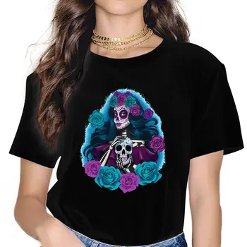 Мексикански ден на черепа на мъртвите момичета Тениска Катрина държи захарен череп цветя женски върхове полиестер Y2k Tees дамска тениска