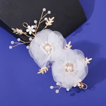 Бяла коприна цвете фиби странични клипове за булката сватба перла шапки флорални фиби за коса жени момичета парти коса стайлинг бижута