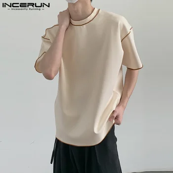 Красиви добре прилепнали върхове INCERUN мъже снаждане линия дизайн тениски ежедневни streetwear мъжки контраст къс ръкав Camiseta S-5XL