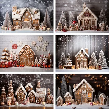 Mehofond Фотография Фон Gingerbread House Store Семейно празнично парти Коледно дърво Снежинка снимка Дървен борд Фон