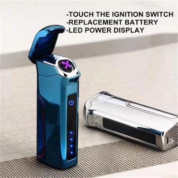 Голям капацитет батерия докосване индукционно запалване електрически двойна дъга USB запалка открит метал ветроупорен мощност дисплей запалка