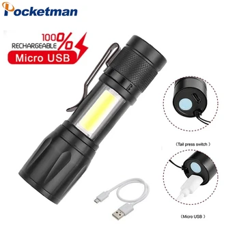 Мощно LED фенерче Zoomable USB акумулаторна светкавица фенерче 3 режима на осветление Открит мини къмпинг писалка клип лампа