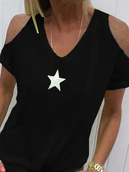 Дамска тениска лятна нова мода ежедневна риза звезда печат хлабав без презрамки къс ръкав тениска женски