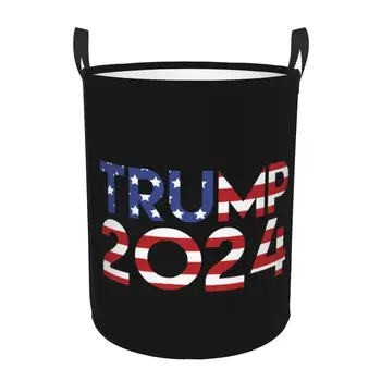 Trump 2024 MAGA Пране Кош за съхранение на големи дрехи кошница САЩ флаг играчки Организатор на кошче за момче