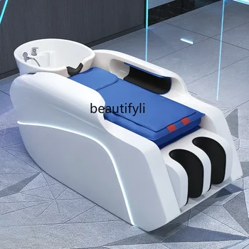 Напълно автоматичен масажен шампоан легло електрически интелигентен керамичен басейн бръснарница магазин промиване легло LED светлина